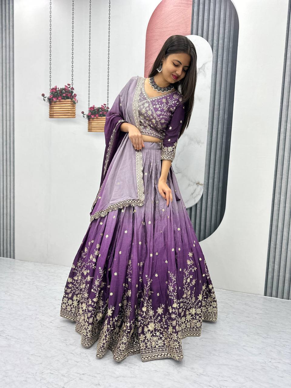 Teeya Creation Multi Color Chinon Silk Heavy Embroidery Work Fully Stitched Lehenga Choli | Grocsy
