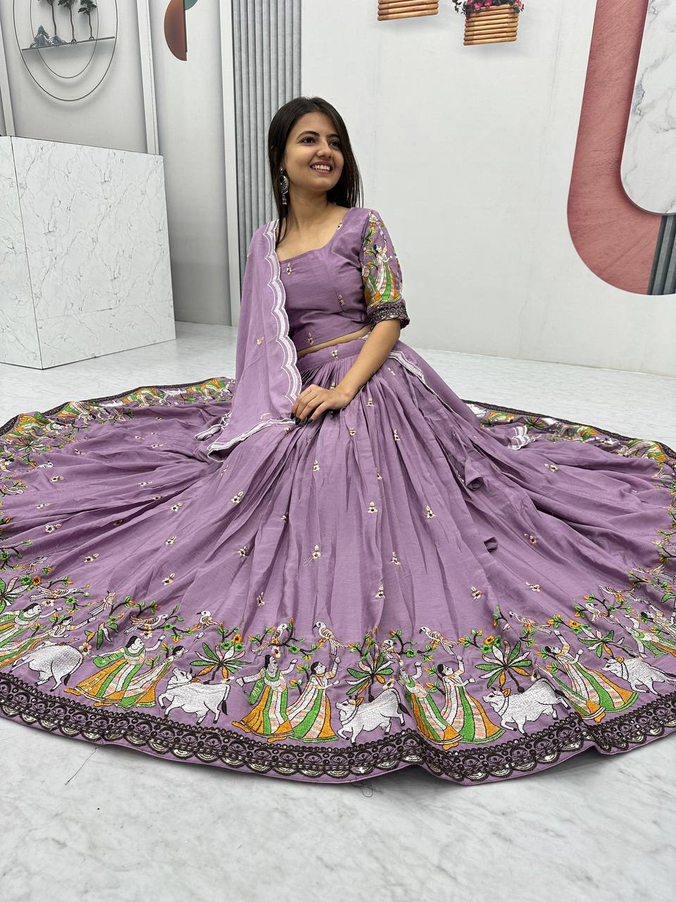Teeya Creation Lavender Color Chinon Silk Heavy Embroidery Work Fully Stitched Lehenga Choli | Grocsy