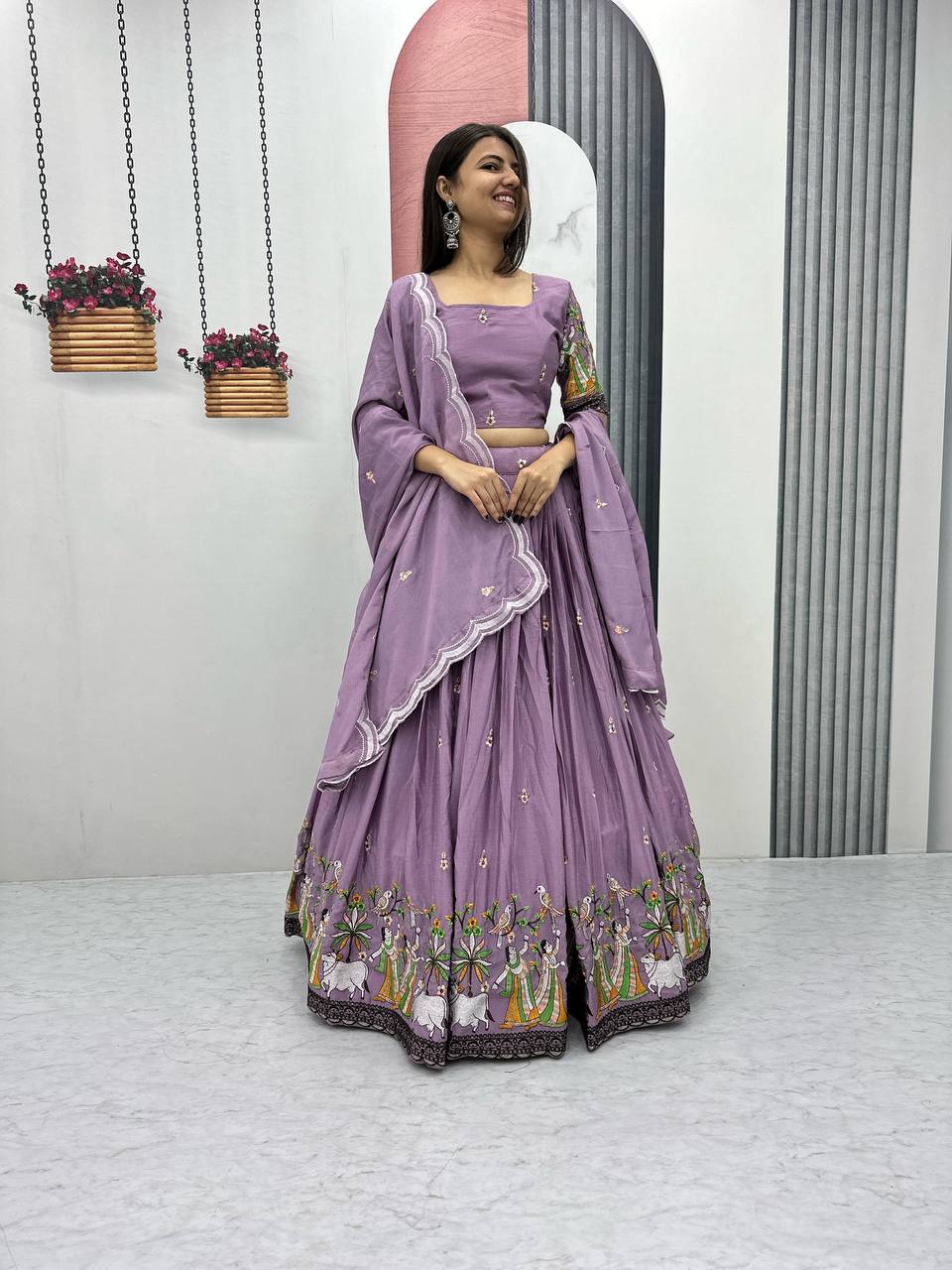 Teeya Creation Lavender Color Chinon Silk Heavy Embroidery Work Fully Stitched Lehenga Choli | Grocsy