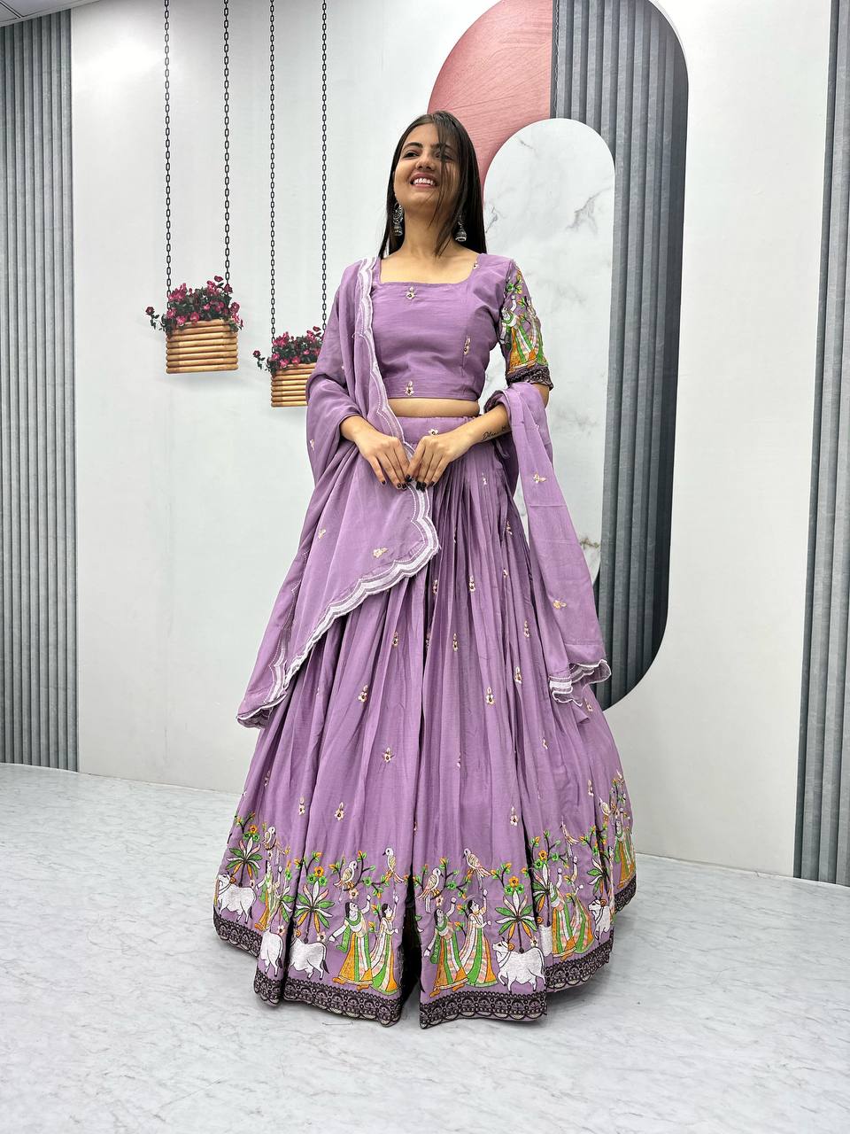 Teeya Creation Lavender Color Chinon Silk Heavy Embroidery Work Fully Stitched Lehenga Choli | Grocsy