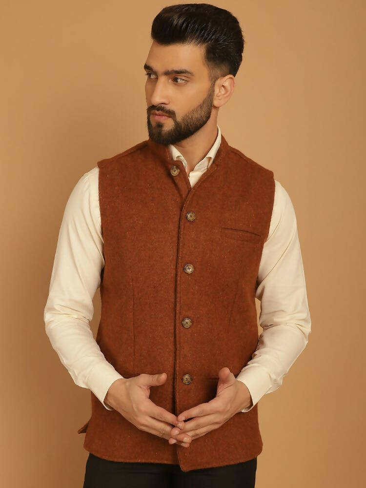 Even Apparels Pure Wool Nehru Jacket - Brown | Grocsy