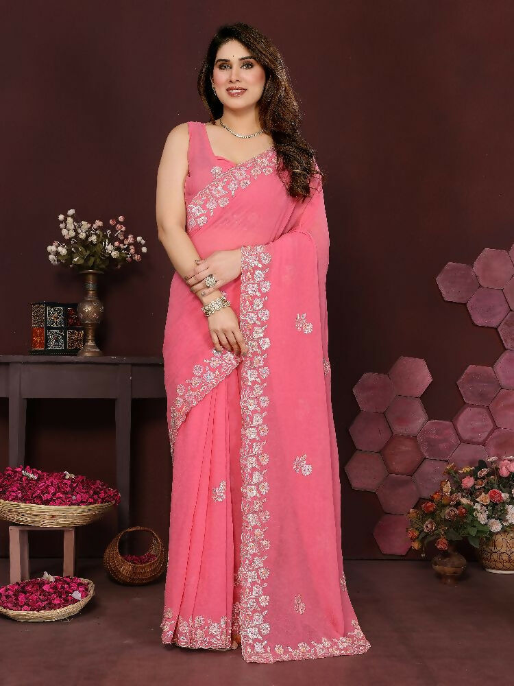 PR Fashion Gajari Georgette Embroidery Work With Embroidery Work Blouse Saree | Grocsy