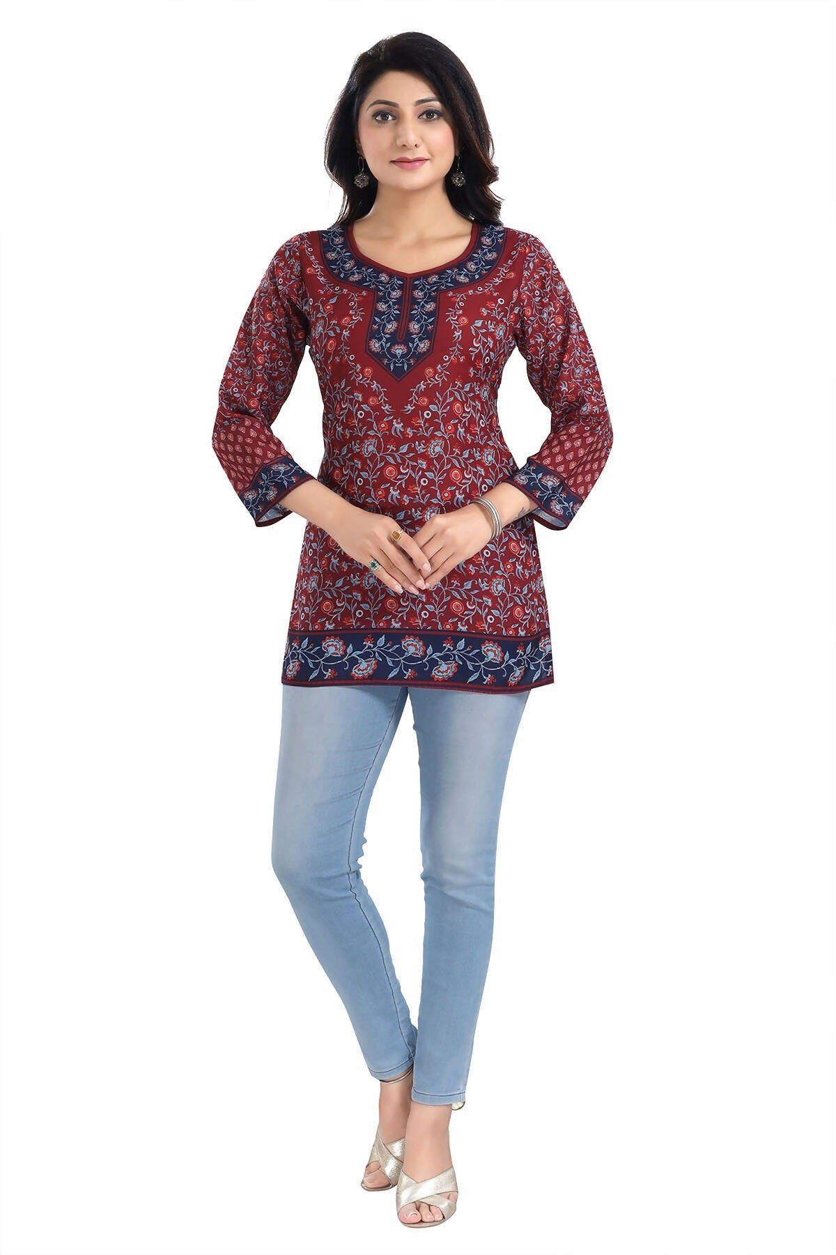 Snehal Creations Magical Maroon Summer Cool Printed Short Kurti Tunic Top | Grocsy