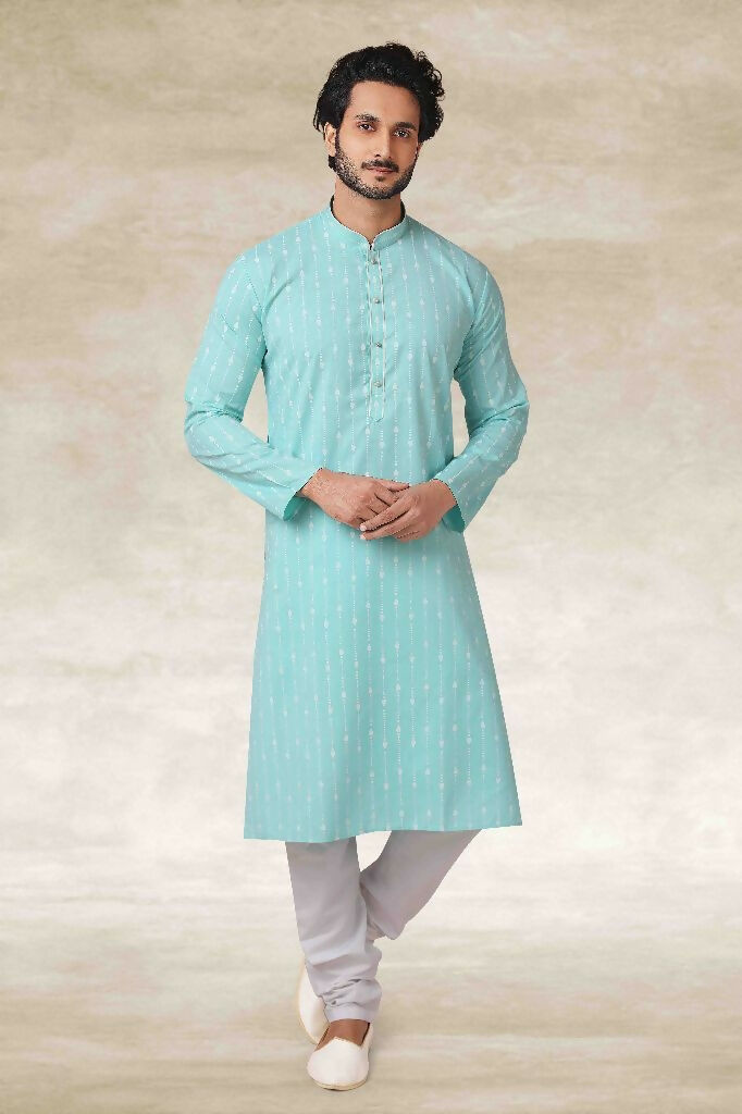 Raivat Ethnic Cotton Printed Work Kurta Pajama In Sky Blue Colour | Grocsy