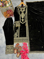 Teeya Creation Black Color Velvet Fabric Designer Embroidery Work Suit | Grocsy