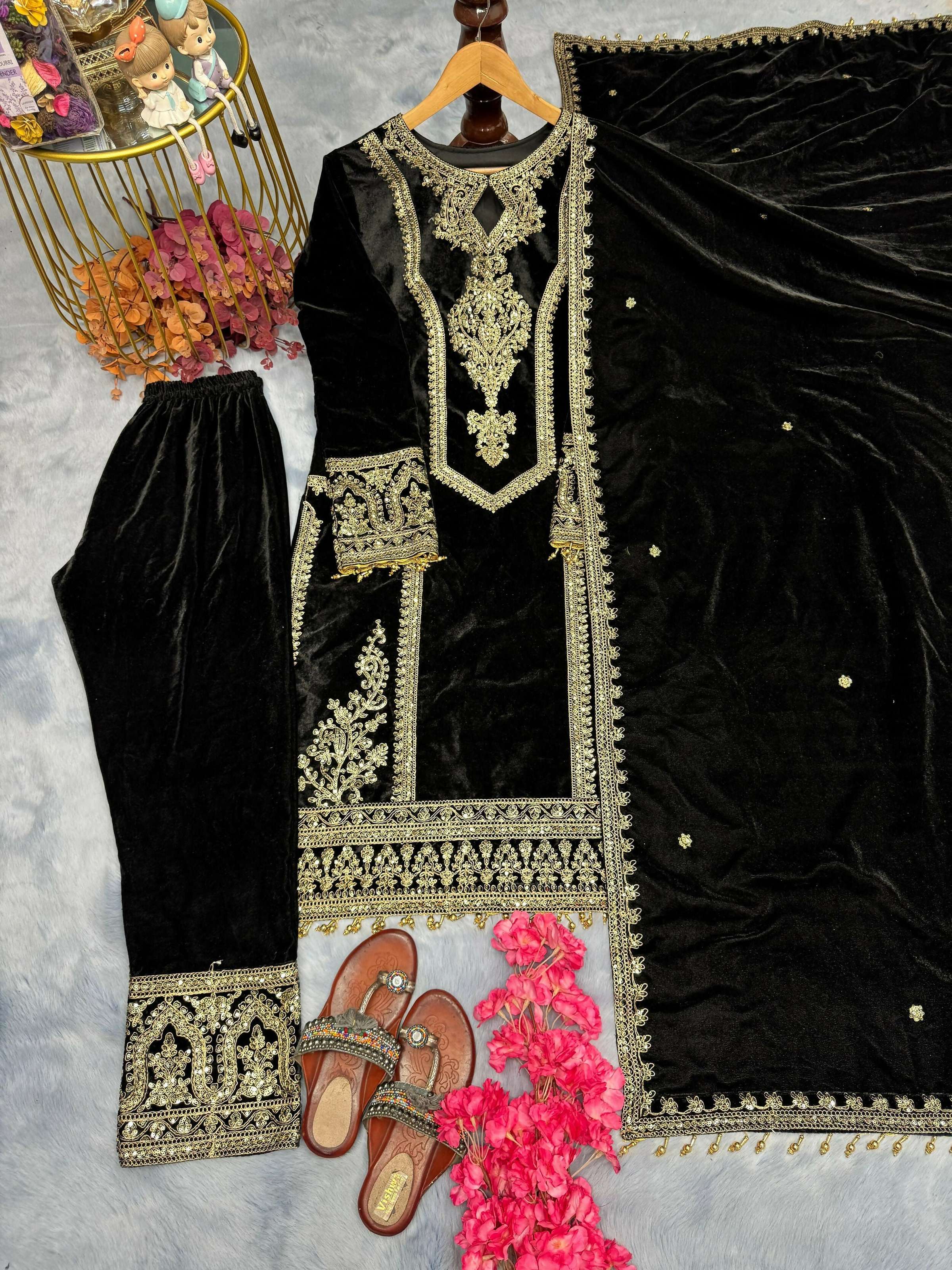 Teeya Creation Black Color Velvet Fabric Designer Embroidery Work Suit | Grocsy