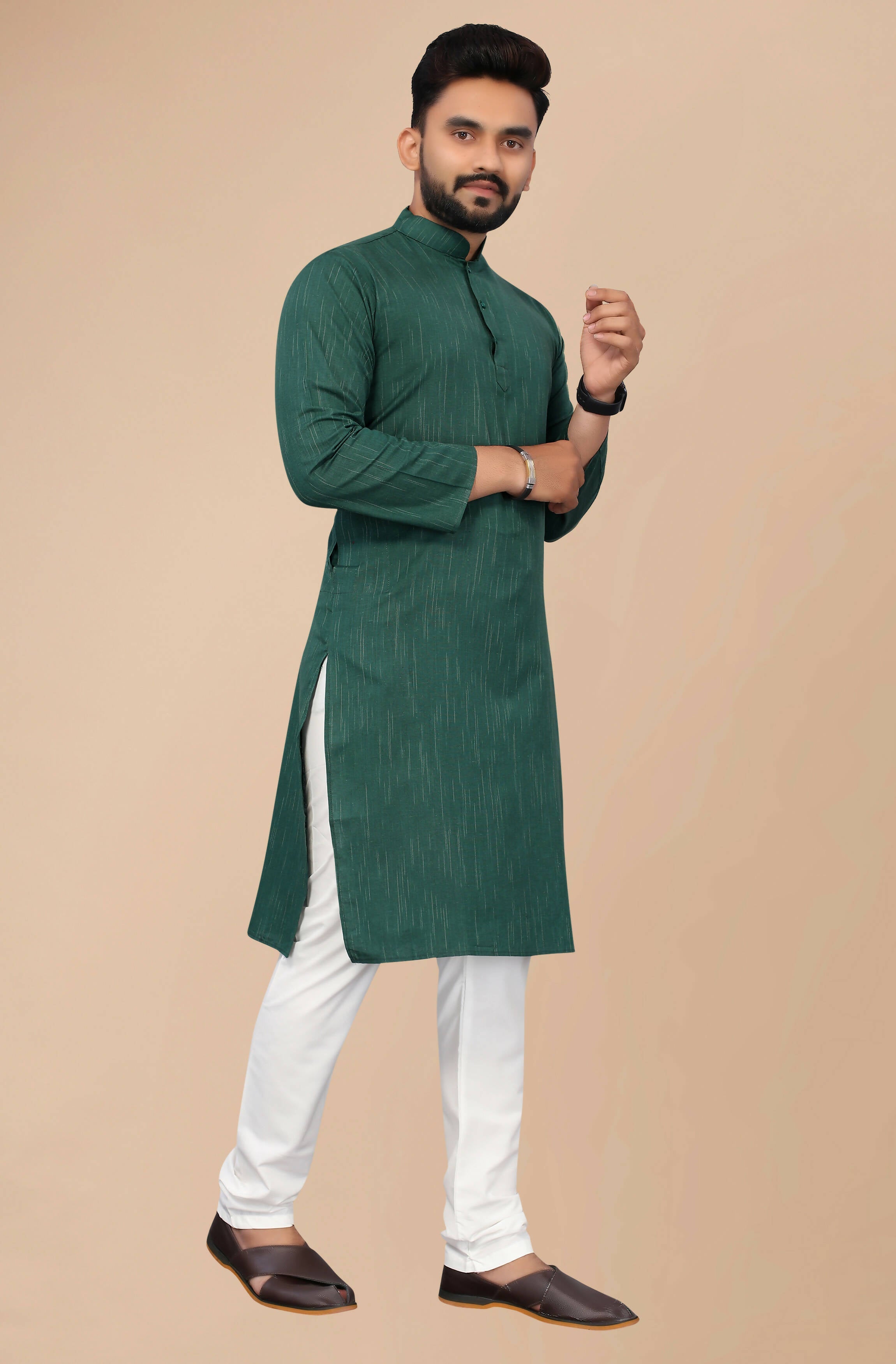 Indian Clothing Men's Green Striped Cotton Kurta - Mahotsav | Grocsy