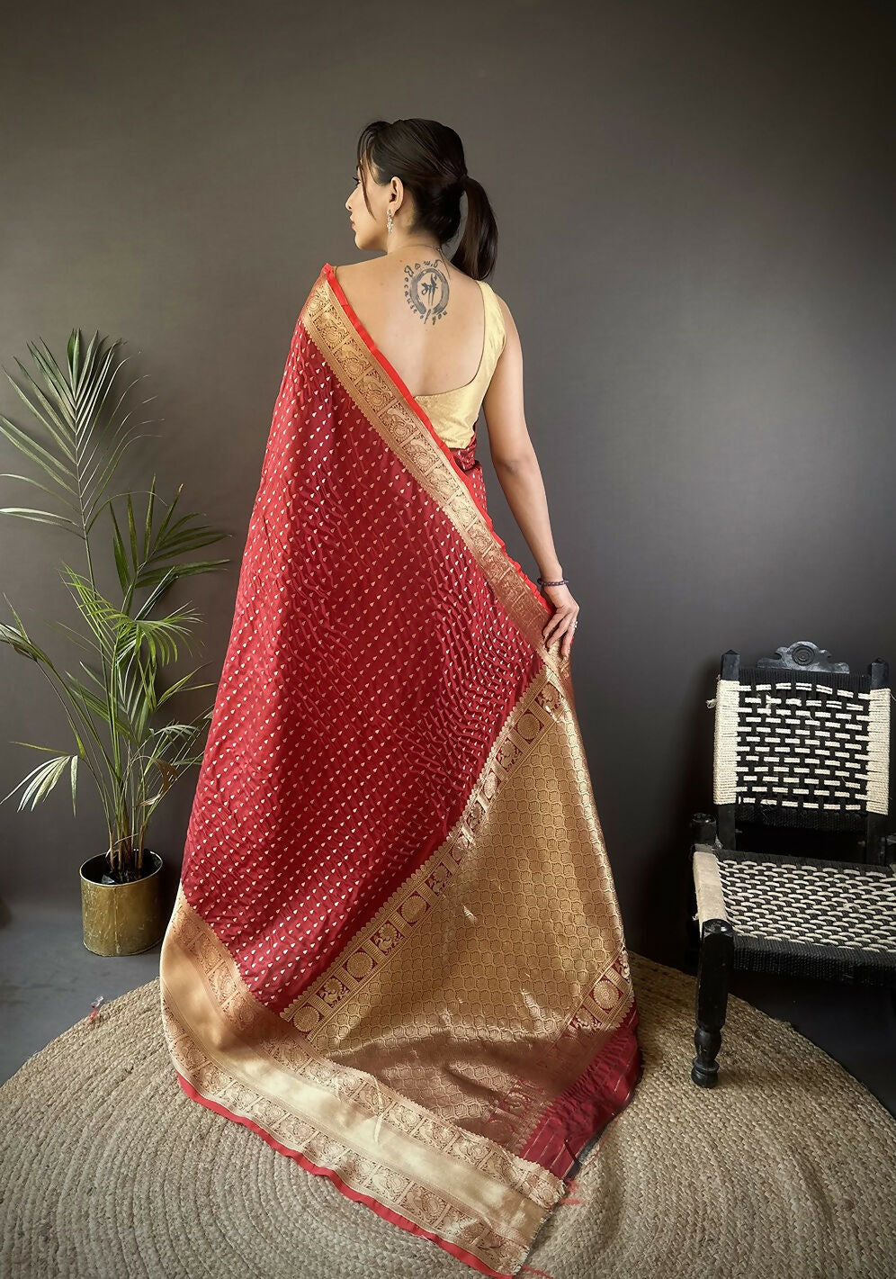 Joban Fashion Brick Red Small Butti Banarasi Silk Sarees | Grocsy