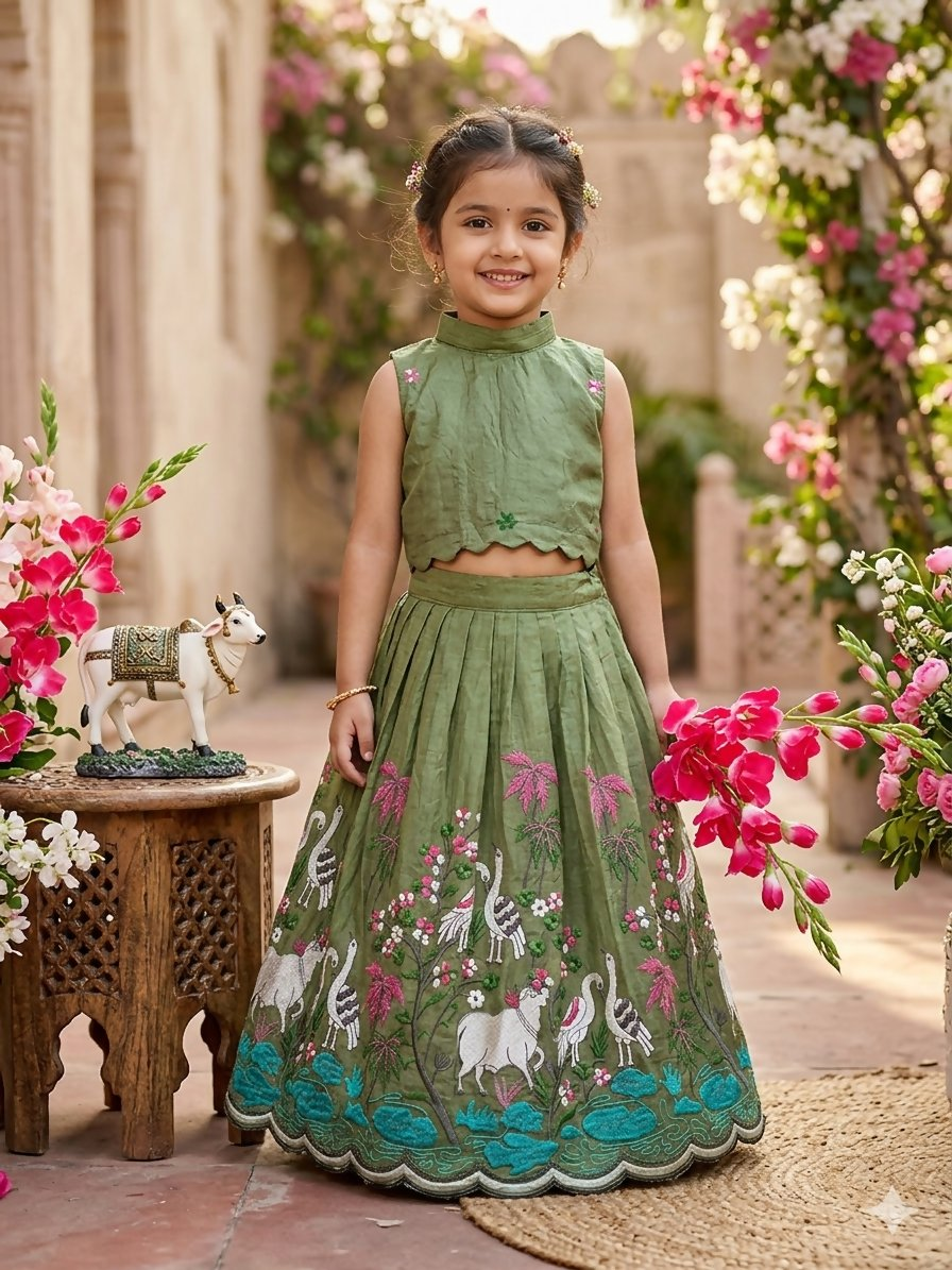 Teeya Creation New Girls Earthy Olive Green Pichwai Embroidered Lehenga Choli Set-Green | Grocsy
