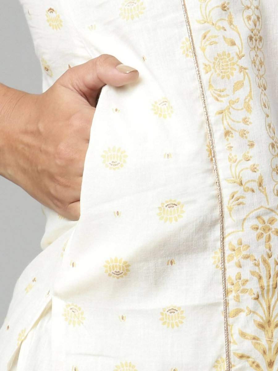 Ahalyaa Womens Off White Pure Cotton Printed Kurta Pant Set | Grocsy