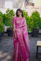 Prime Volt Bridal Kanchipuram Silk Saree with Rich Zari Weaving & Contrast Border-Pink | Grocsy
