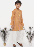 Little Bansi Boys Cotton Silk Floral Kurta with Pearl Buttons & Pyjama - Orange & Cream | Grocsy
