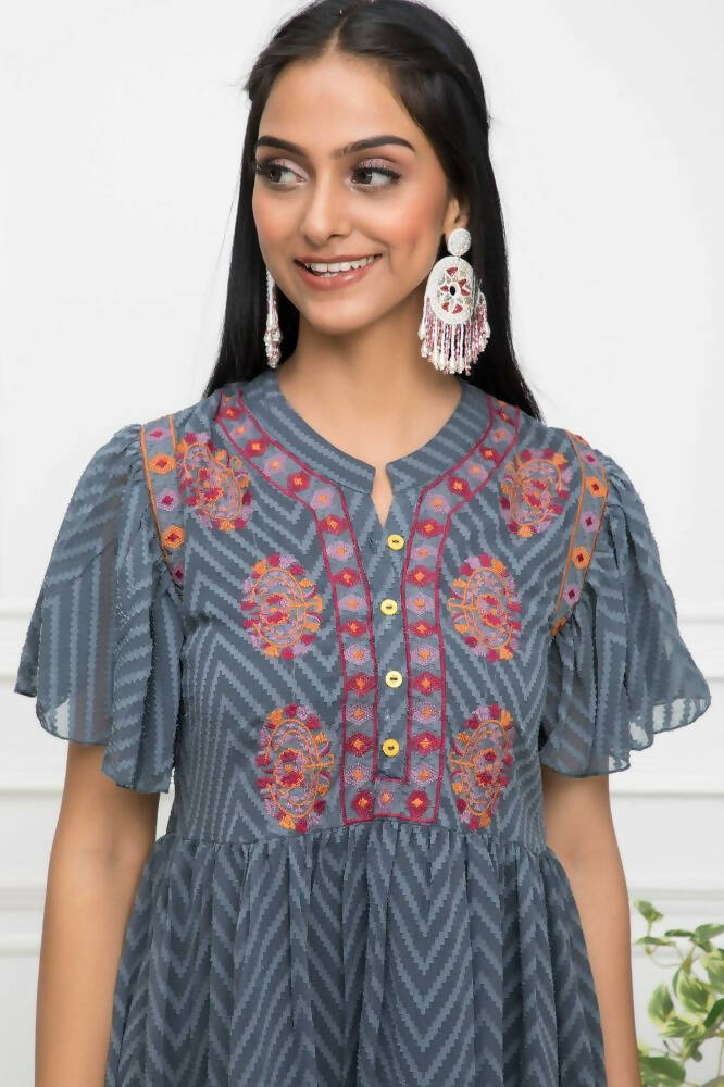 Myshka Women Solid V-Neck Flared Sleeves Synthetic Georgette Grey Top | Grocsy