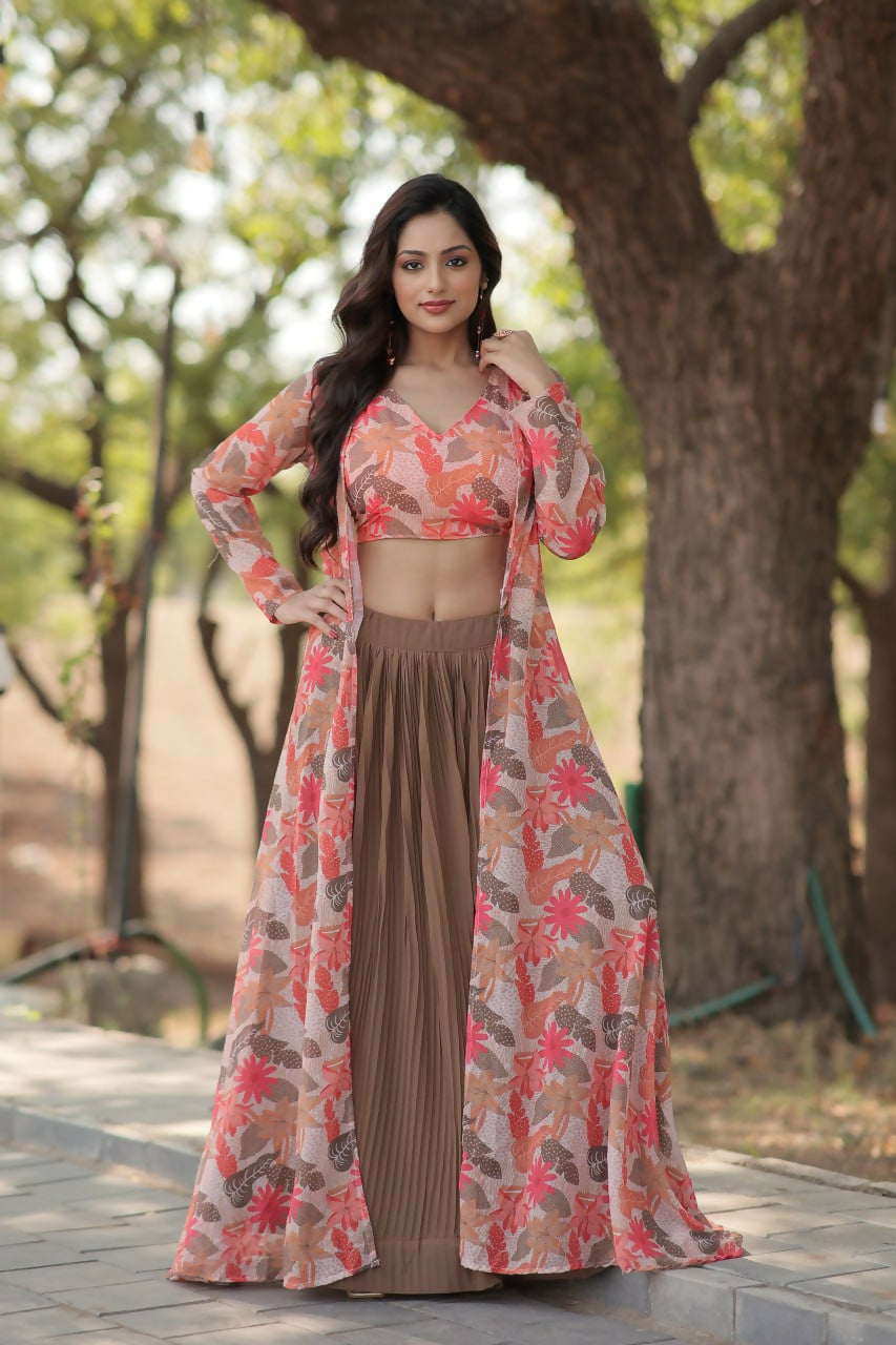 Vastranavya Latest Fancy Party Wear Lehenga Choli With Shrug - Peach | Grocsy