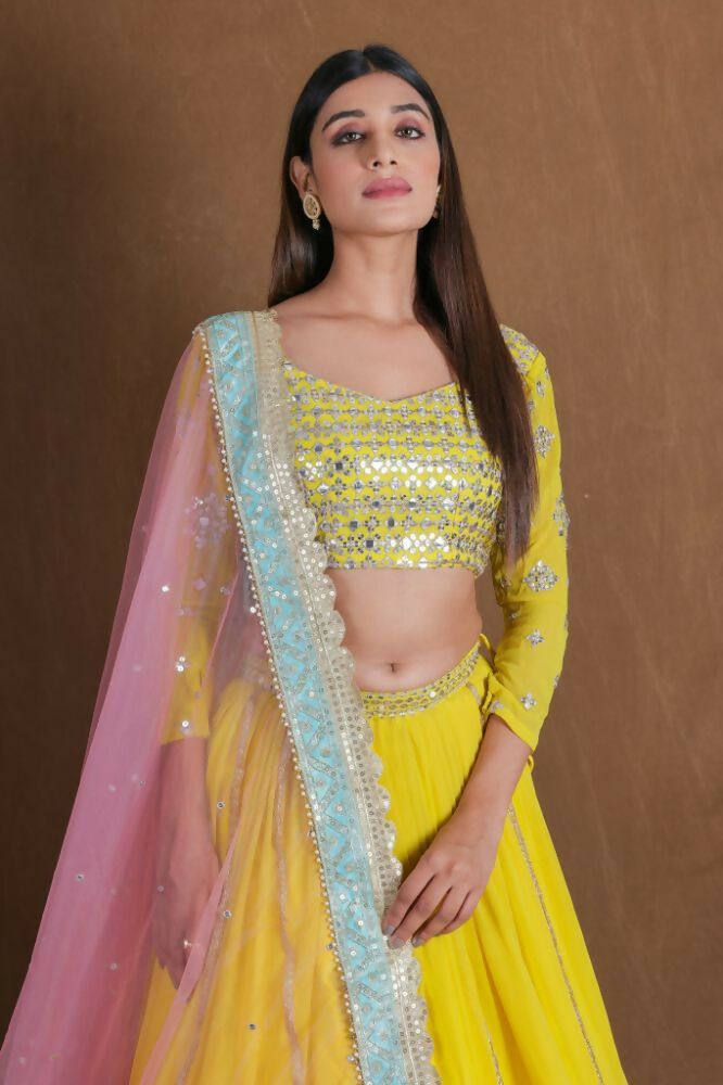 Yellow Georgette Zari Sequence Embroidery With Foil Mirror Work Lehenga Choli - Jihu Culture | Grocsy
