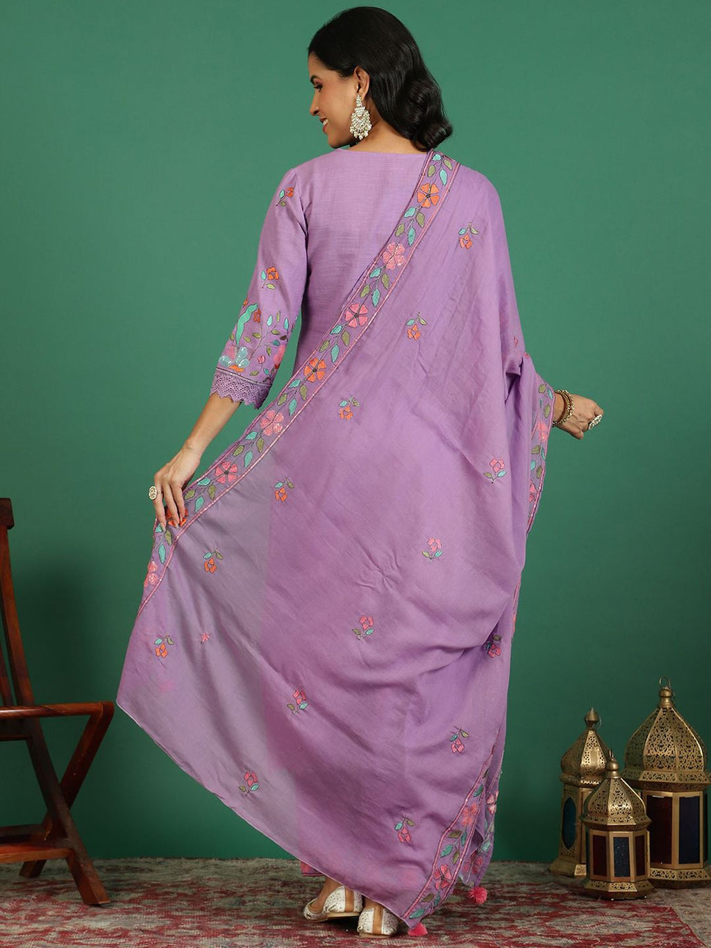 Sangria Embroidered V- Neck Kurta & Trousers With Dupatta | Grocsy