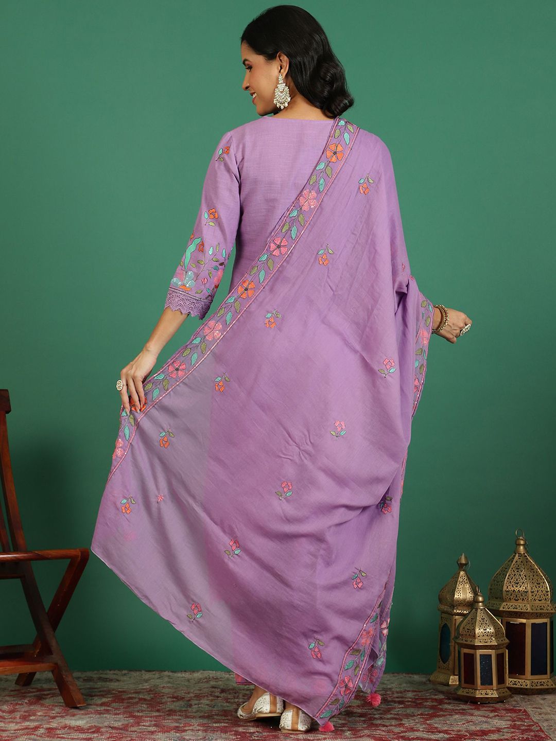 Sangria Embroidered V- Neck Kurta & Trousers With Dupatta | Grocsy