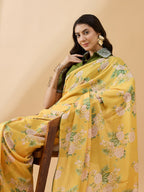 Mustard Chiffon Floral Printed Saree with Stitched Blouse - Dharavi | Grocsy