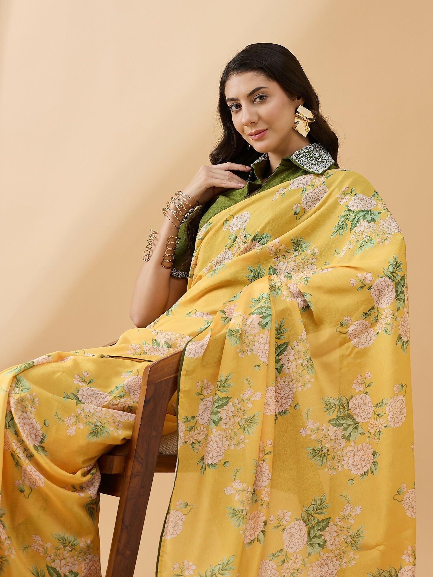 Mustard Chiffon Floral Printed Saree with Stitched Blouse - Dharavi | Grocsy