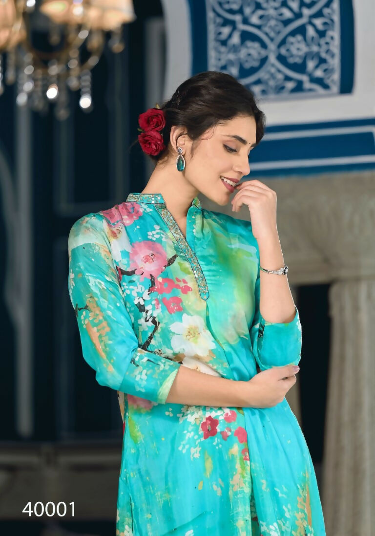 Designer Stylish Sky Pure Muslin Stitched Suit - Apoorva | Grocsy