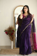 DEIANA'S Beautiful Designer Golden zari Soft Cotton Saree - Purple | Grocsy
