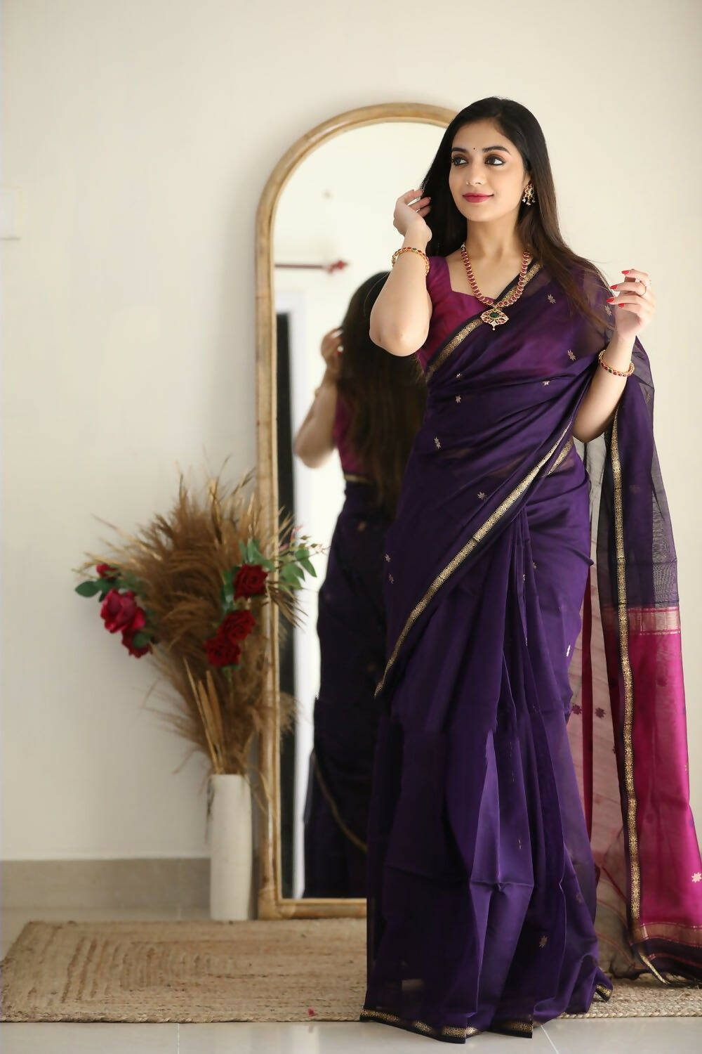 DEIANA'S Beautiful Designer Golden zari Soft Cotton Saree - Purple | Grocsy