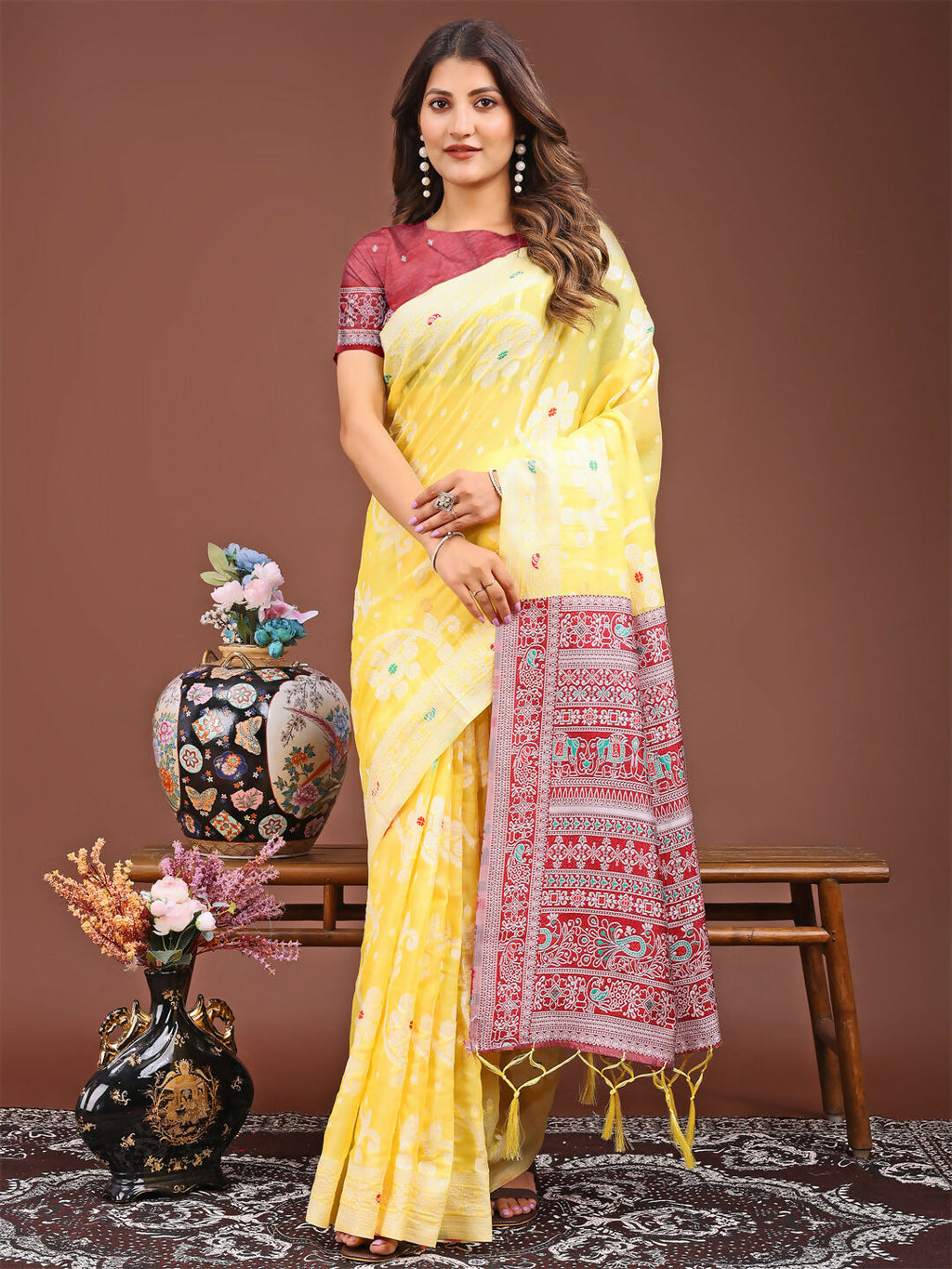 Shree Shyam Fashion Anaya Yellow Linen Cotton Saree | Grocsy