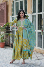 Vastranavya Lime Green Pure Cotton Printed Top with Pant & Dupatta Set | Grocsy