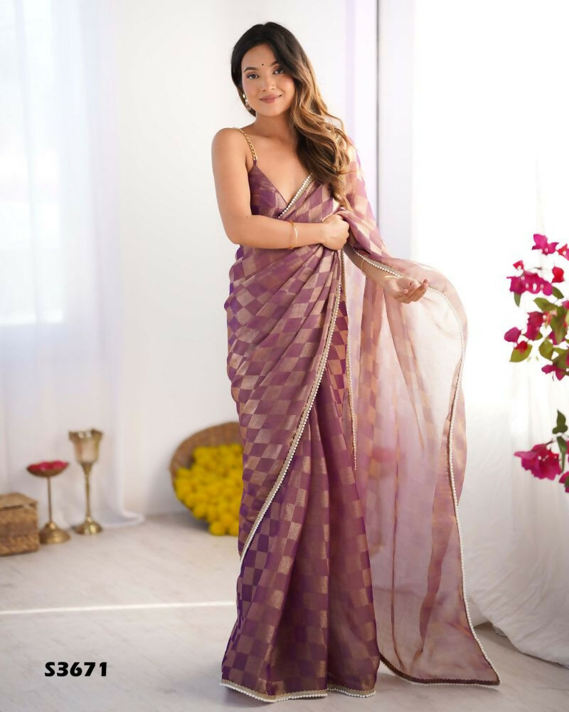 NC Chiffon Chex Wevon Chex Designer, Lace Party Wear Saree - Purple | Grocsy