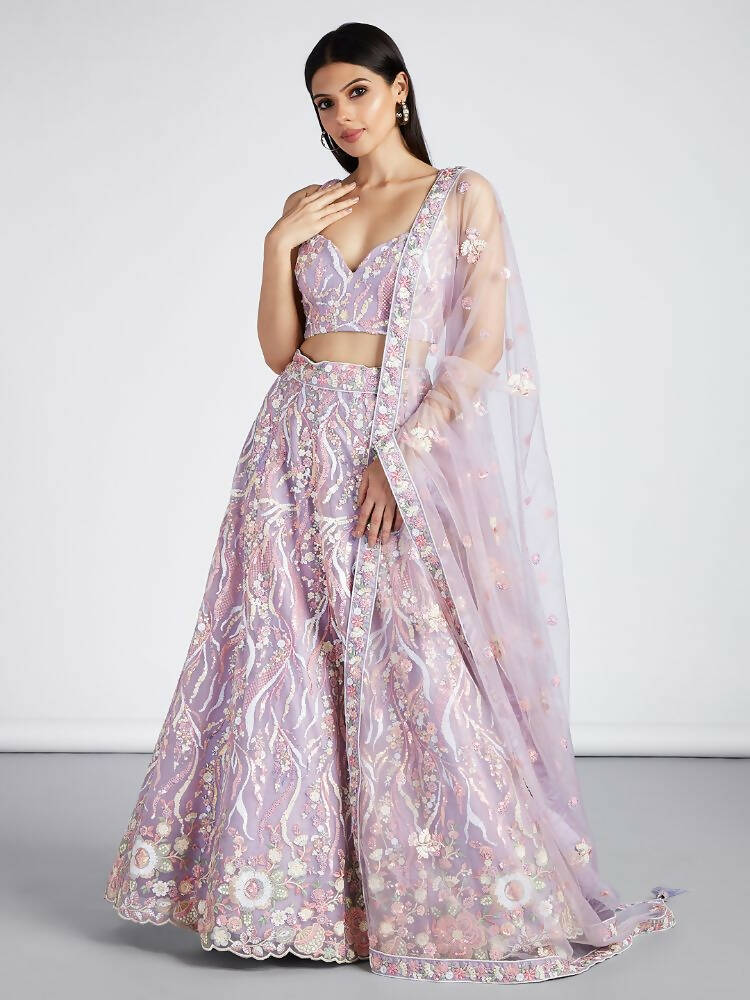 House of Panchhi Mauve Net Sequins And Thread Embroidery Lehenga Choli & Dupatta | Grocsy