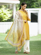 Juniper Mustard Mono Viscose Festive Wear Embroidered Straight Kurta Palazzo Dupatta Set | Grocsy