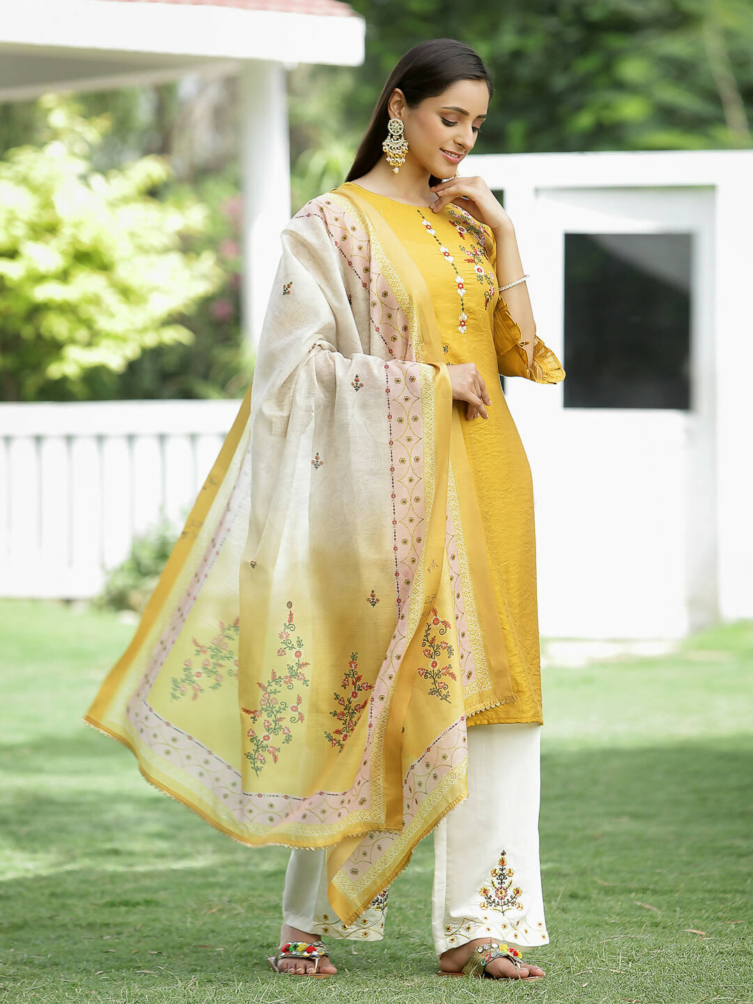 Juniper Mustard Mono Viscose Festive Wear Embroidered Straight Kurta Palazzo Dupatta Set | Grocsy
