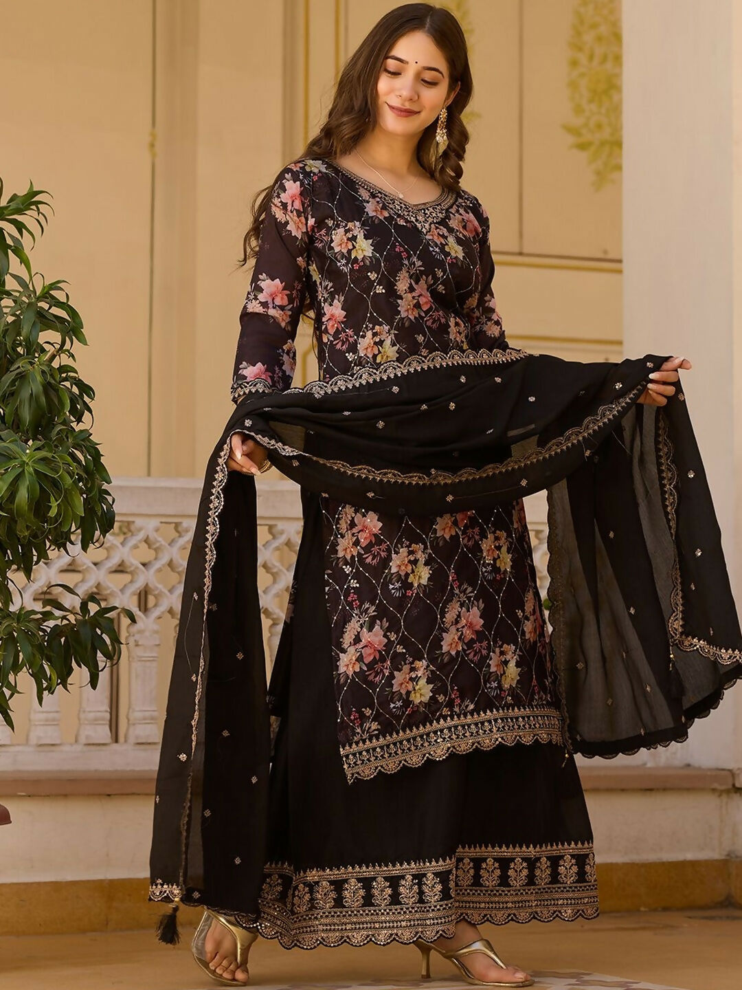 The52 Black Women's Gorgeous Embroidered Chinon Fabric Straight Kurta Palazzo and Dupatta Set | Grocsy