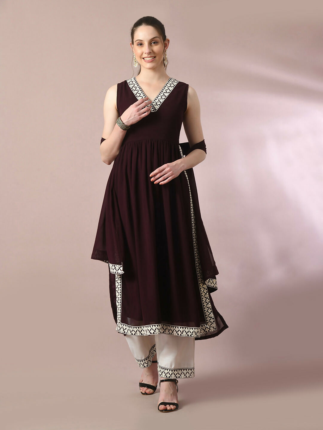 Myshka Women's Coffee Brown Solid Georgette Anarkali Party Kurta Set With Dupatta | Grocsy
