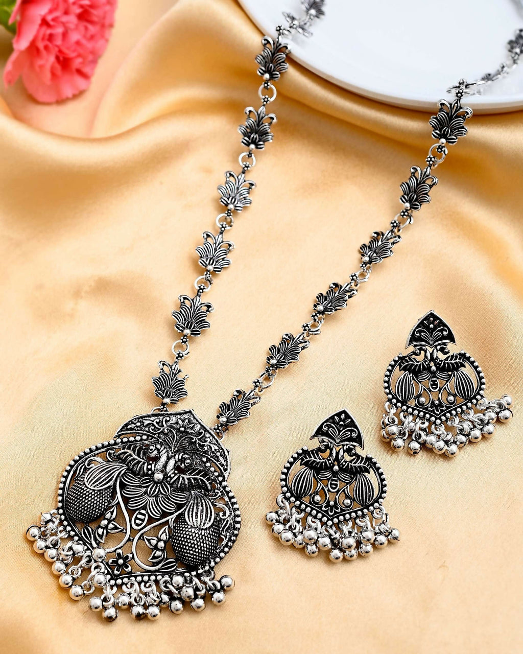 VOJ Silver Plated Oxidized Long Necklace with Earring Set | Grocsy
