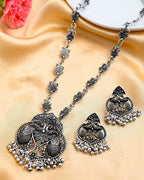 VOJ Silver Plated Oxidized Long Necklace with Earring Set | Grocsy