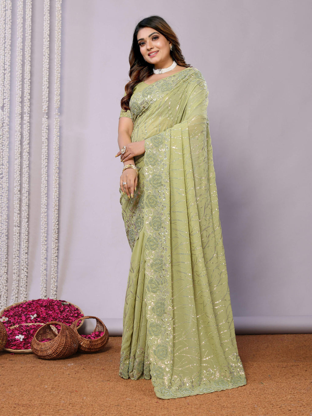 Gajari Pure Georgette Embroidered Saree With Stitched Blouse - Nimaya Kaksha | Grocsy