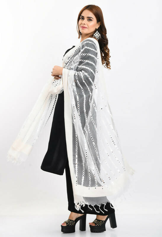 Mominos Fashion Moeza Women's Orgenza Mirror Stripe Thread Work White Dupatta | Grocsy