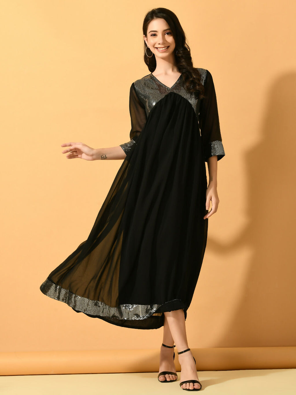 Myshka Women's Black Fit and Flare Party Dress | Grocsy