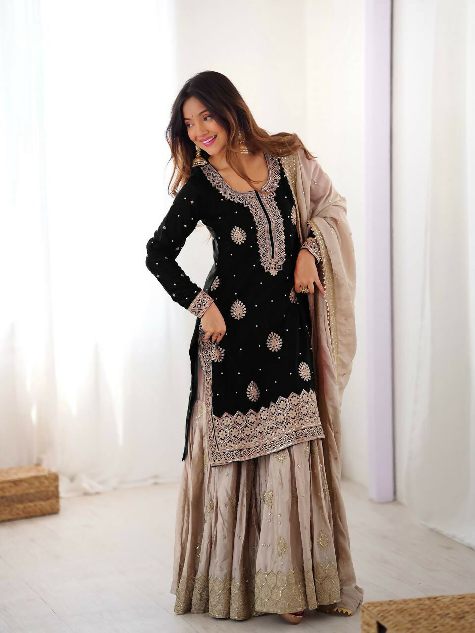 Lehenga Mart Designer Sharara Suit With Kurta, Sharara, Dupatta For Women-Black | Grocsy