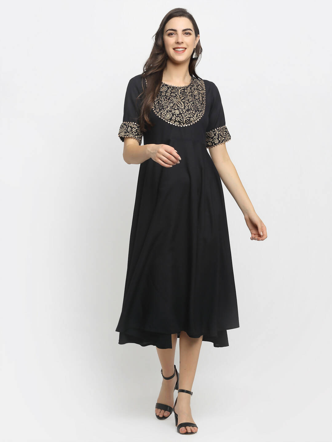 Rudra Bazaar Black Block Printed Flared Ethnic Kurta | Grocsy