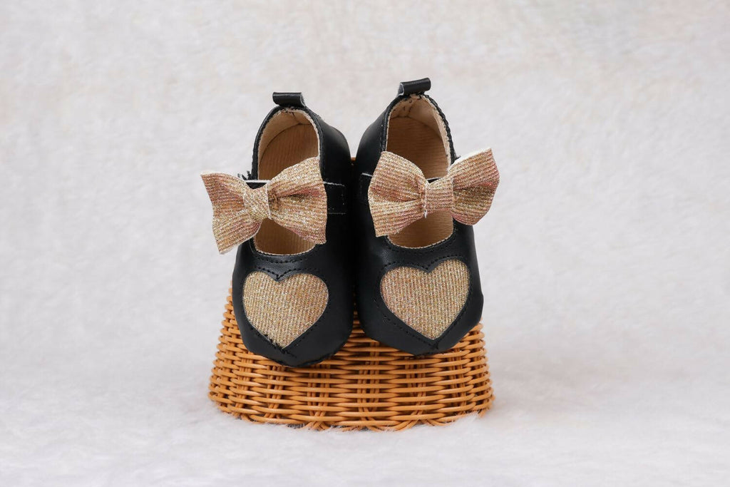 Tiny Bugs Girls Heart Bow Detailing Booties - Black & Gold | Grocsy