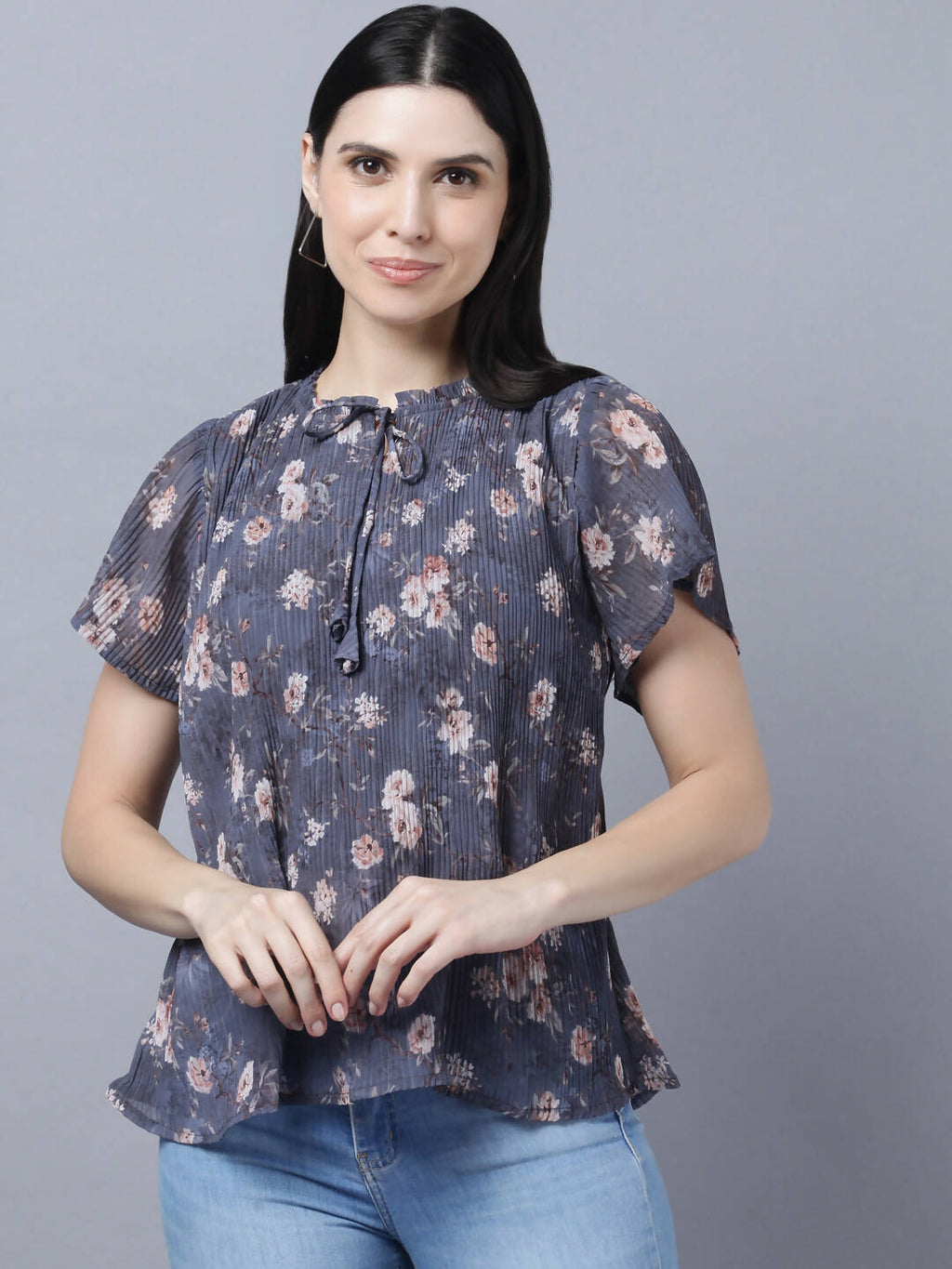 Myshka Women Charcoal Grey Peach-Coloured Floral Print Tie-Up Neck Georgette Top | Grocsy