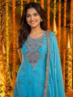 Joban Fashion Blue Silk Embroidered Sharara Set | Grocsy