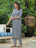 Aramya Straight Soft Cotton Block Print Women's Kurta Set - Blue | Grocsy