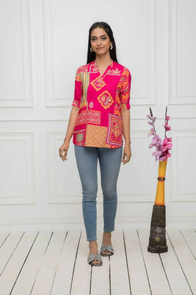 Myshka Women Red Floral Mandarin Collar Regular Sleeves Viscose Rayon Top | Grocsy