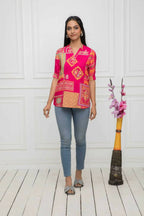 Myshka Women Red Floral Mandarin Collar Regular Sleeves Viscose Rayon Top | Grocsy