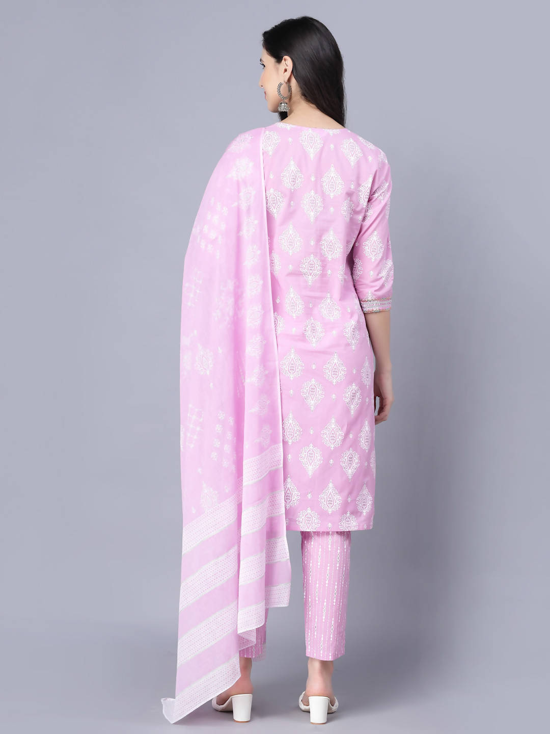 Myshka Cotton Printed 3/4 Sleeve Round Pink Women Kurta set | Grocsy