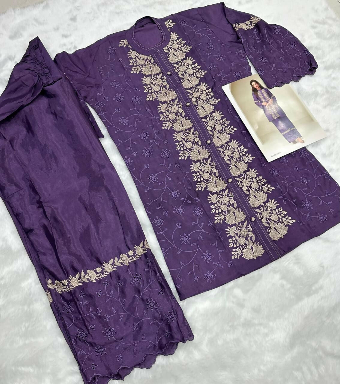 Anaita Violet Chinon Silk Readymade Co-ords Set with Embroidery Work | Grocsy