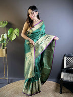 Joban Fashion Green Striped With Floral Motifs Soft Silk Leheriya Saree | Grocsy